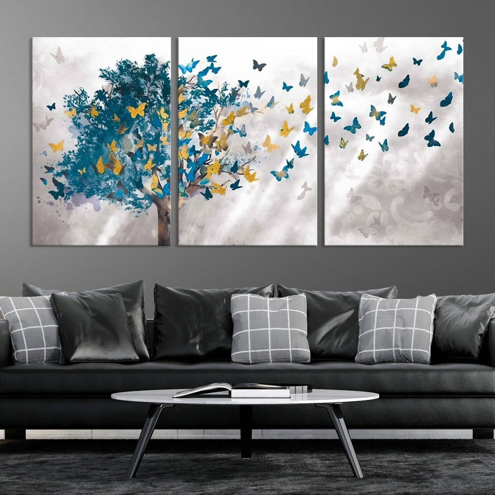 Abstract Gold Blue Butterfly Leaves Blue Tree Canvas Painting Landscape Print