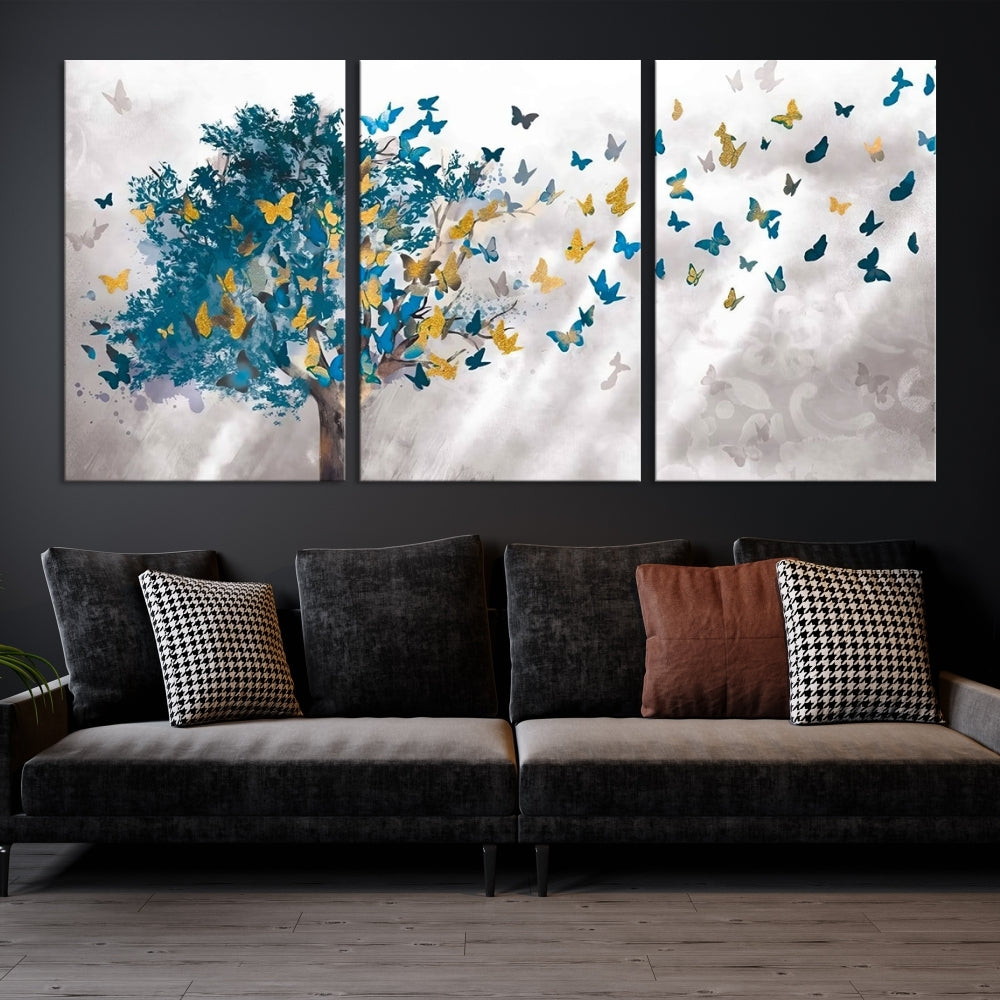 Abstract Gold Blue Butterfly Leaves Blue Tree Canvas Painting Landscape Print