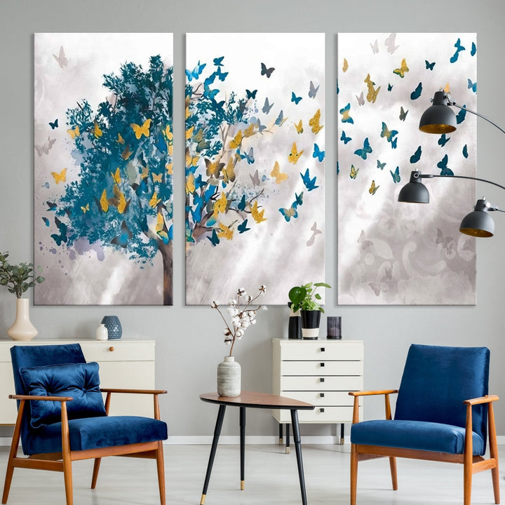 Abstract Gold Blue Butterfly Leaves Blue Tree Canvas Painting Landscape Print