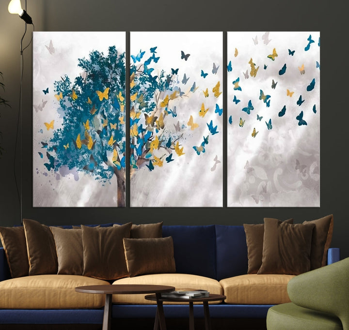 Abstract Gold Blue Butterfly Leaves Blue Tree Canvas Painting Landscape Print