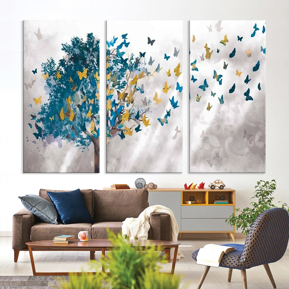 Abstract Gold Blue Butterfly Leaves Blue Tree Canvas Painting Landscape Print