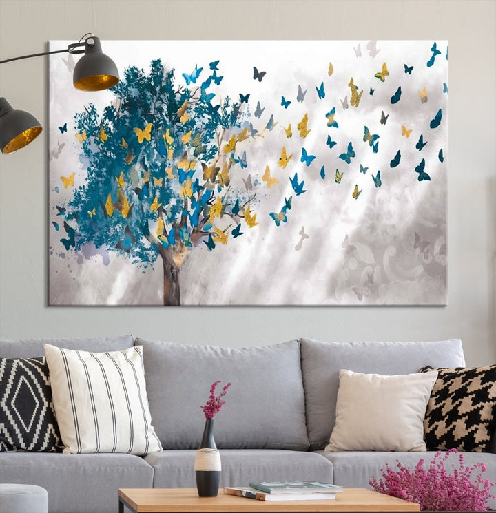 Abstract Gold Blue Butterfly Leaves Blue Tree Canvas Painting Landscape Print