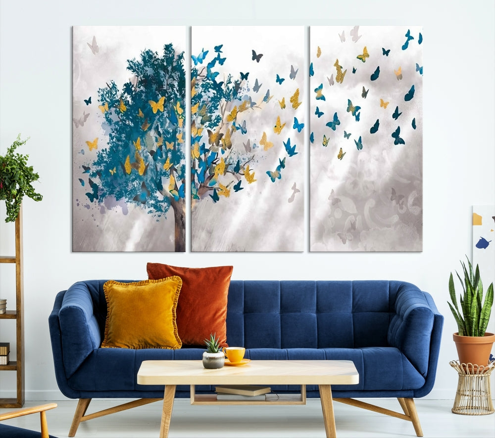 Abstract Gold Blue Butterfly Leaves Blue Tree Canvas Painting Landscape Print