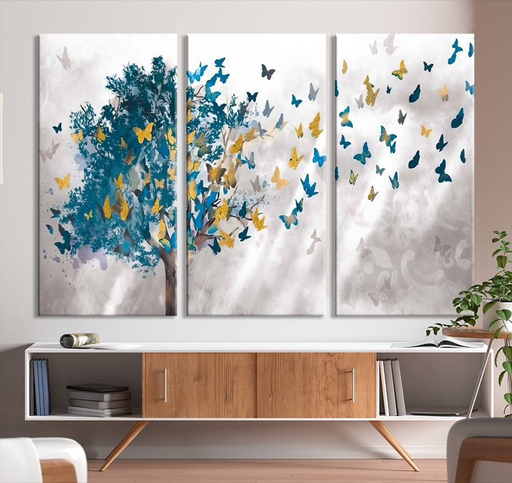 Abstract Gold Blue Butterfly Leaves Blue Tree Canvas Painting Landscape Print