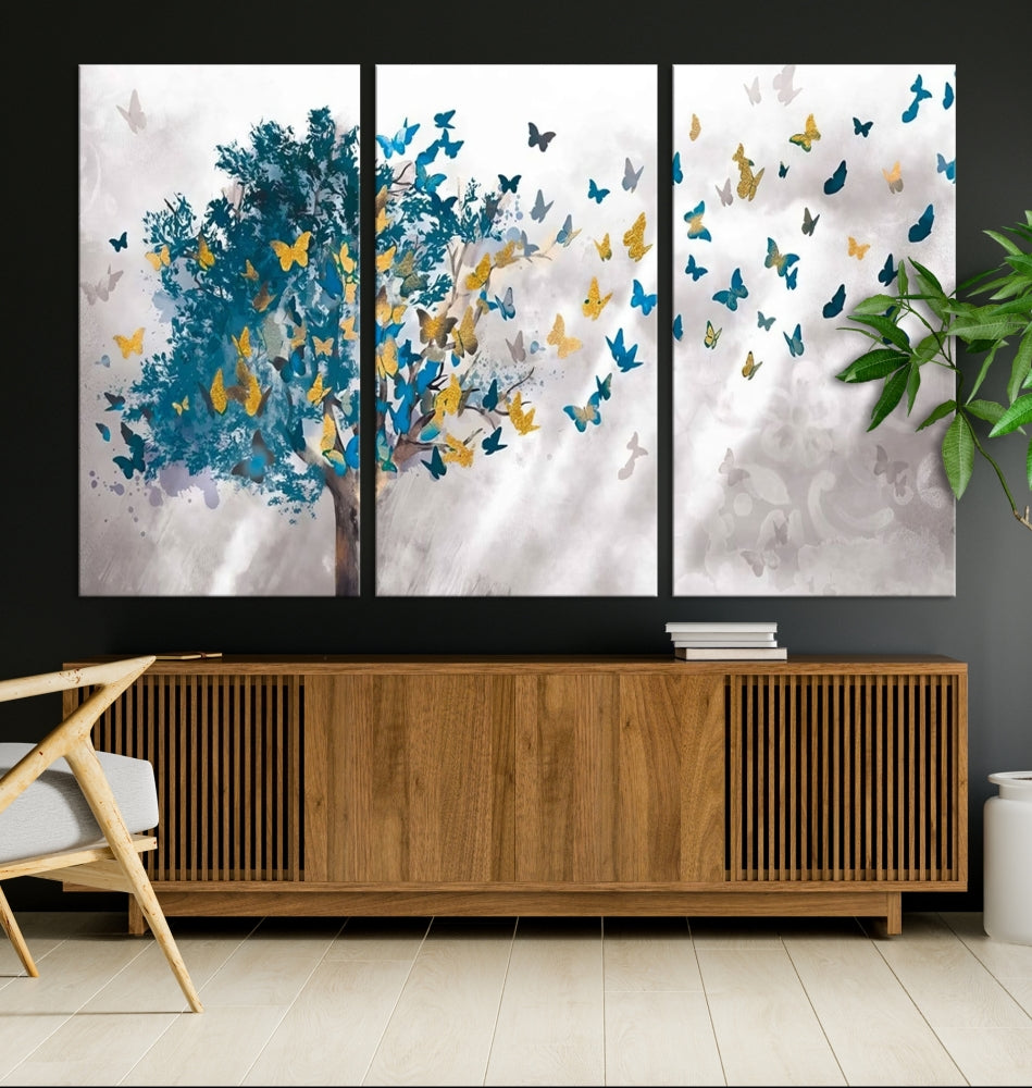 Abstract Gold Blue Butterfly Leaves Blue Tree Canvas Painting Landscape Print