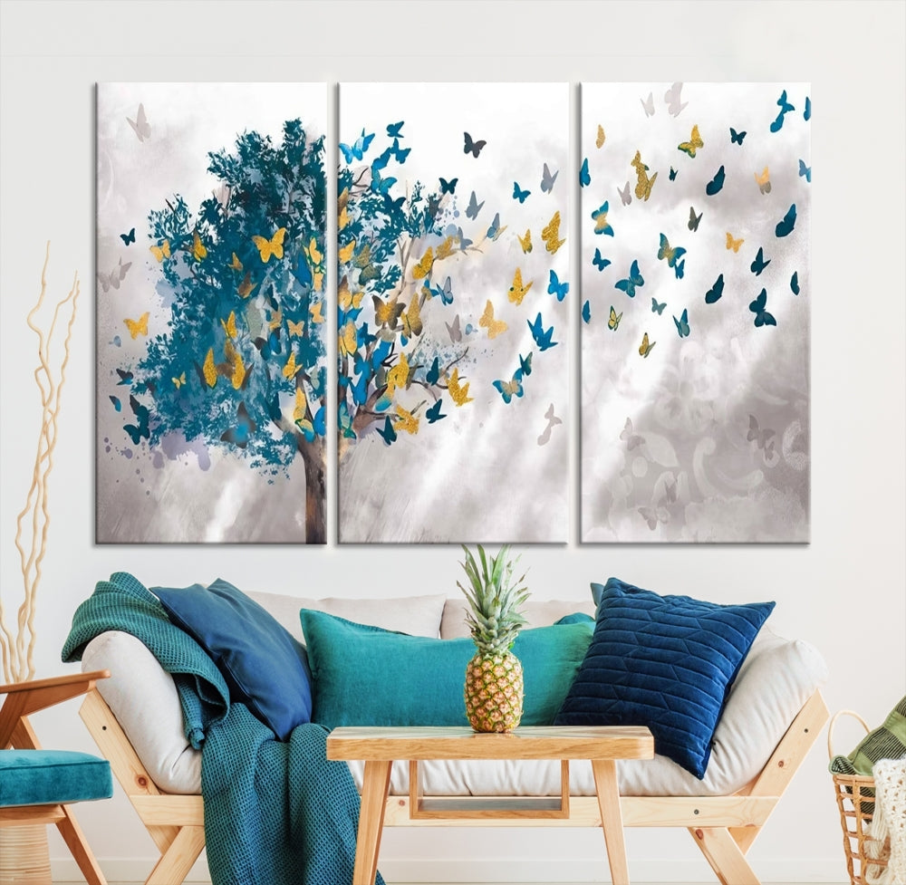 Abstract Gold Blue Butterfly Leaves Blue Tree Canvas Painting Landscape Print