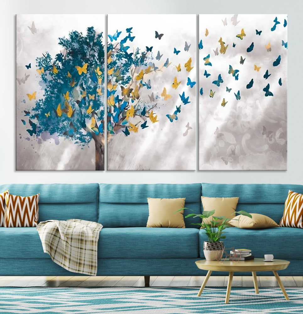 Abstract Gold Blue Butterfly Leaves Blue Tree Canvas Painting Landscape Print