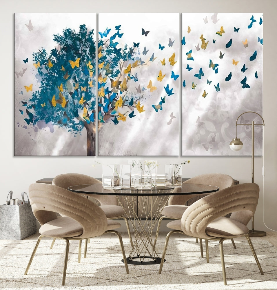 Abstract Gold Blue Butterfly Leaves Blue Tree Canvas Painting Landscape Print