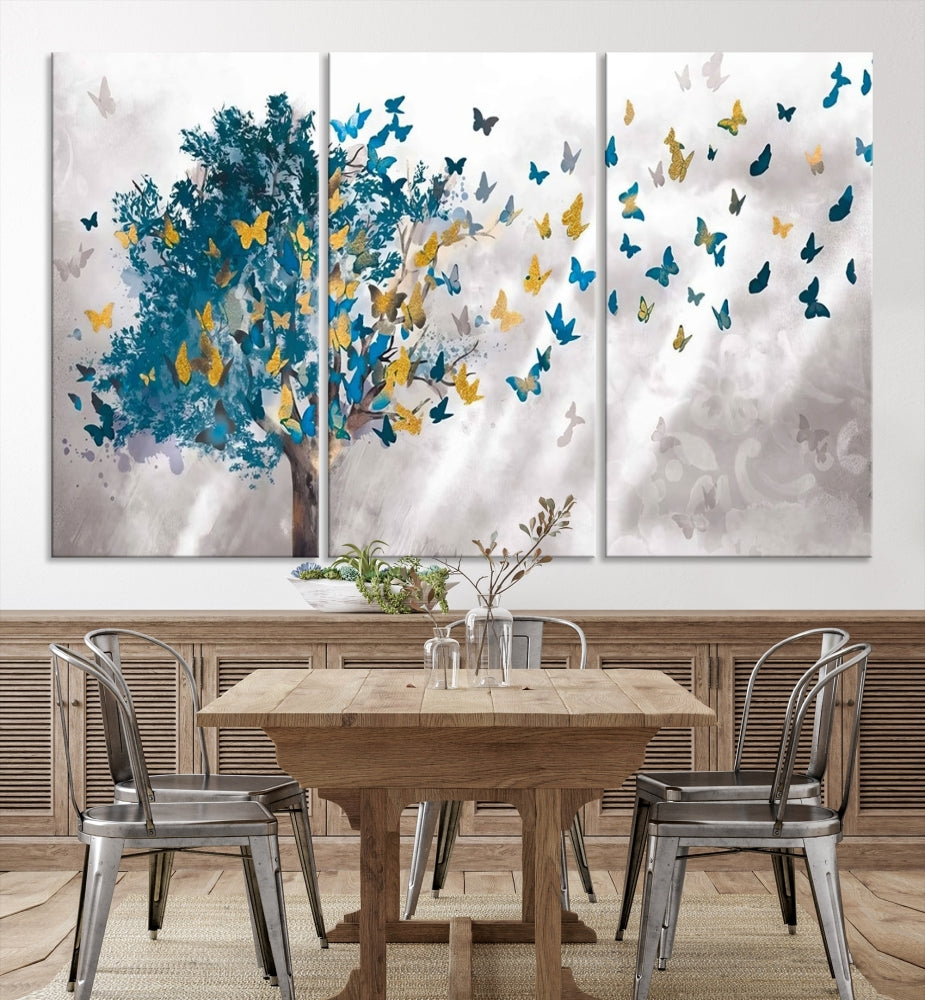 Abstract Gold Blue Butterfly Leaves Blue Tree Canvas Painting Landscape Print