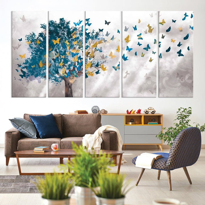 Abstract Gold Blue Butterfly Leaves Blue Tree Canvas Painting Landscape Print