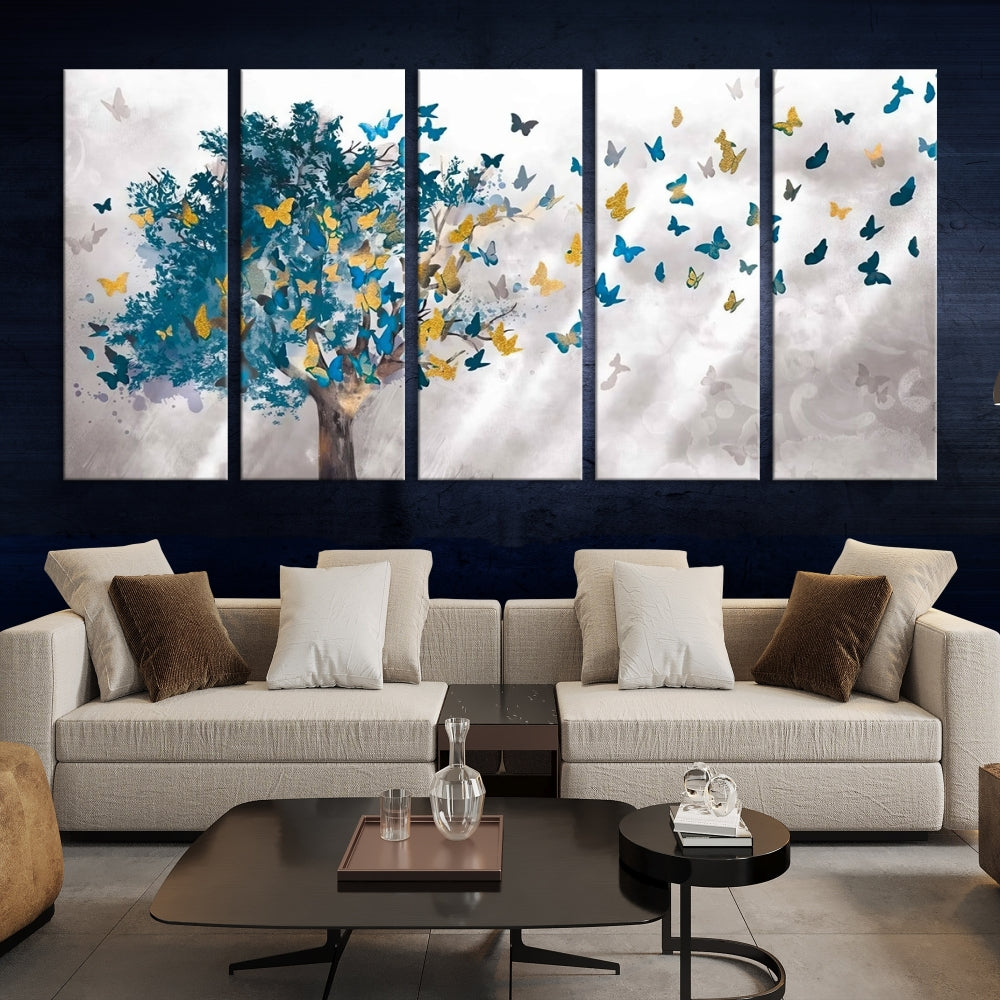 Abstract Gold Blue Butterfly Leaves Blue Tree Canvas Painting Landscape Print