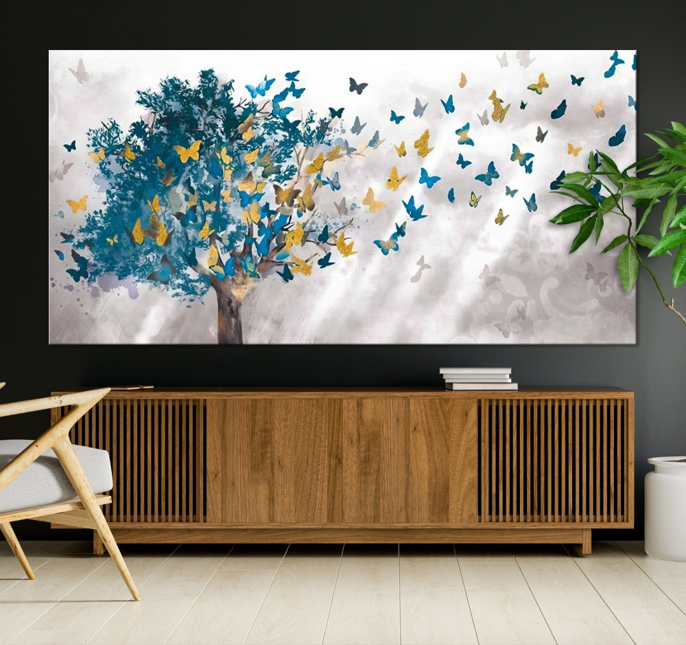 Abstract Gold Blue Butterfly Leaves Blue Tree Canvas Painting Landscape Print