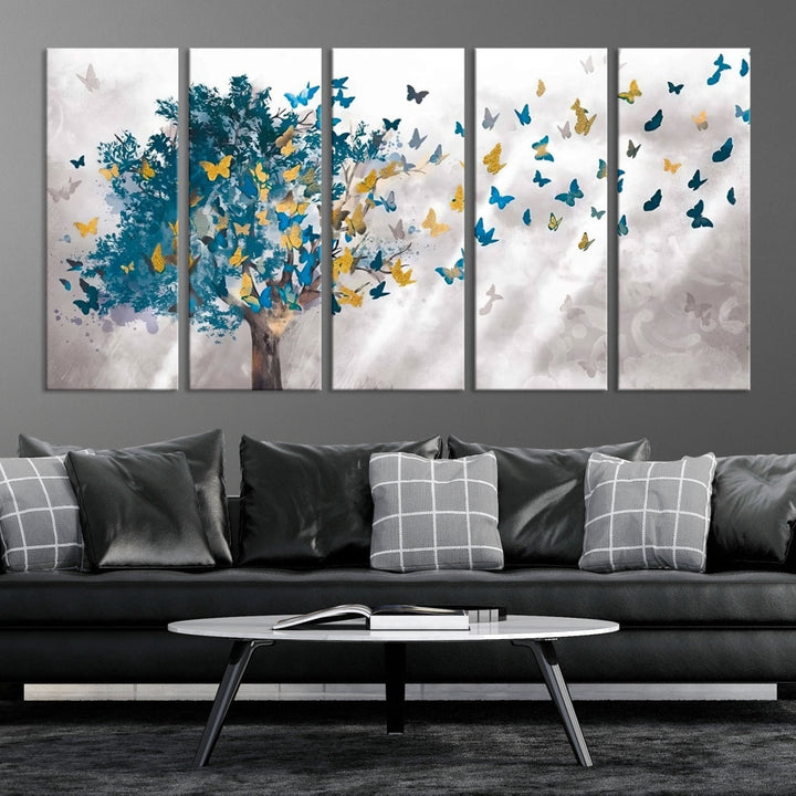 Abstract Gold Blue Butterfly Leaves Blue Tree Canvas Painting Landscape Print