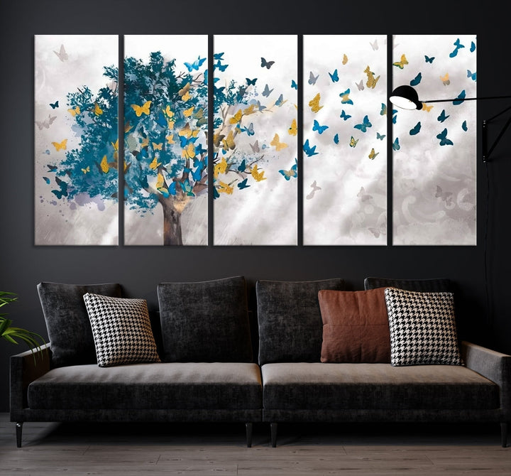 Abstract Gold Blue Butterfly Leaves Blue Tree Canvas Painting Landscape Print