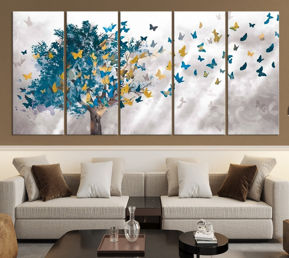 Abstract Gold Blue Butterfly Leaves Blue Tree Canvas Painting Landscape Print