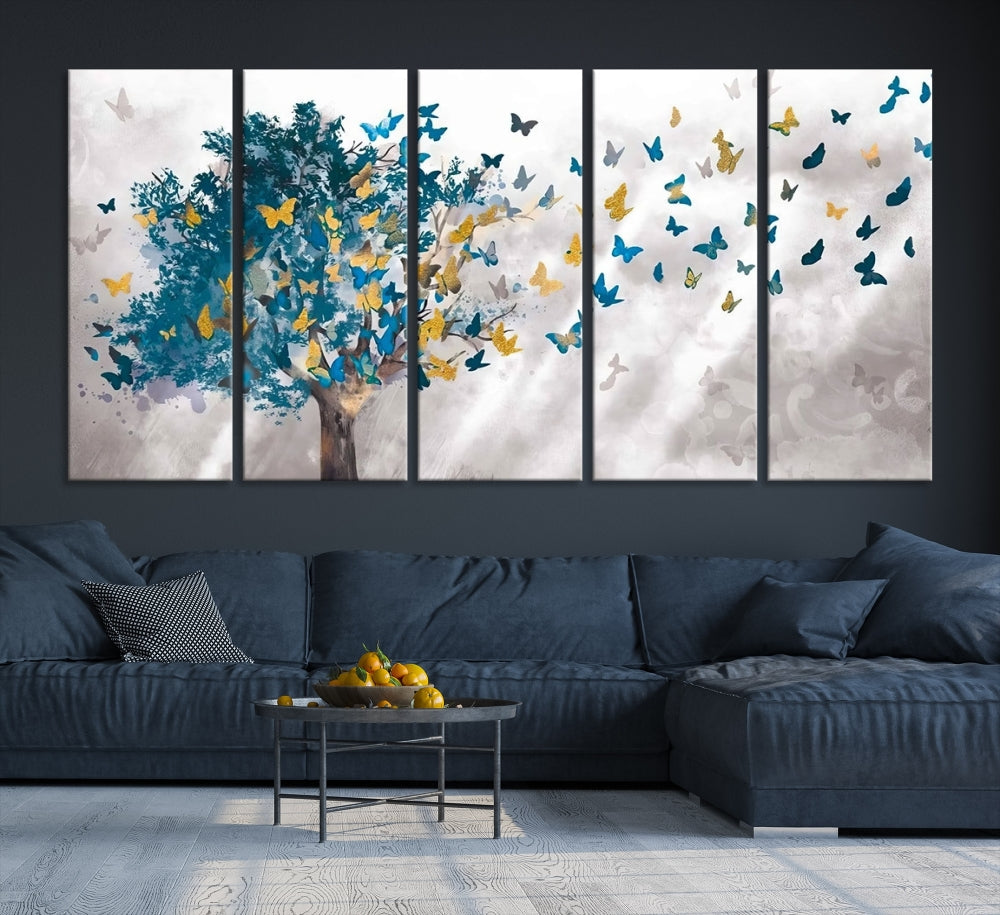 Abstract Gold Blue Butterfly Leaves Blue Tree Canvas Painting Landscape Print