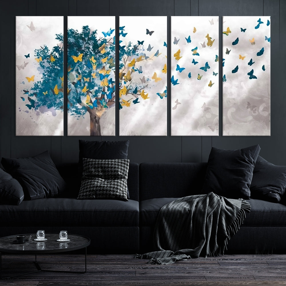 Abstract Gold Blue Butterfly Leaves Blue Tree Canvas Painting Landscape Print