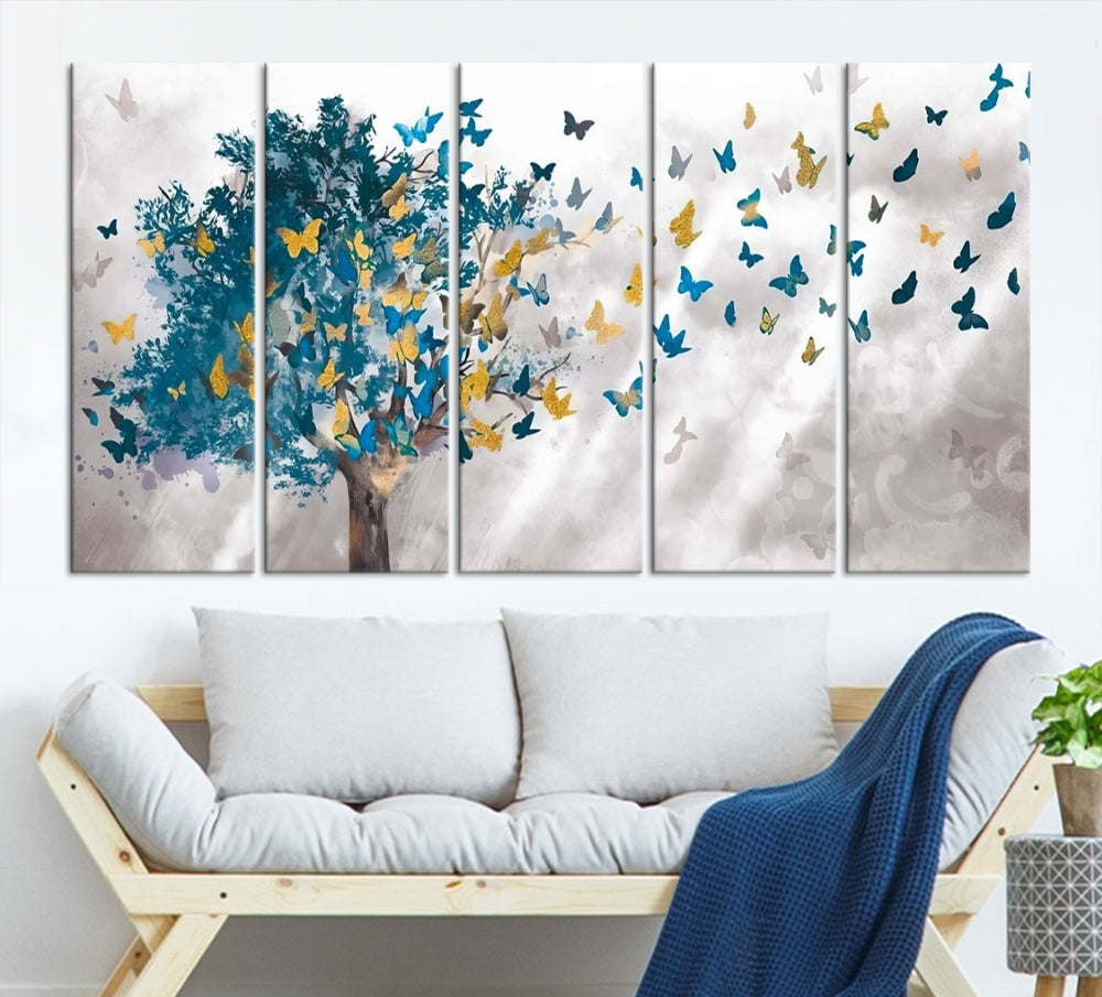 Abstract Gold Blue Butterfly Leaves Blue Tree Canvas Painting Landscape Print