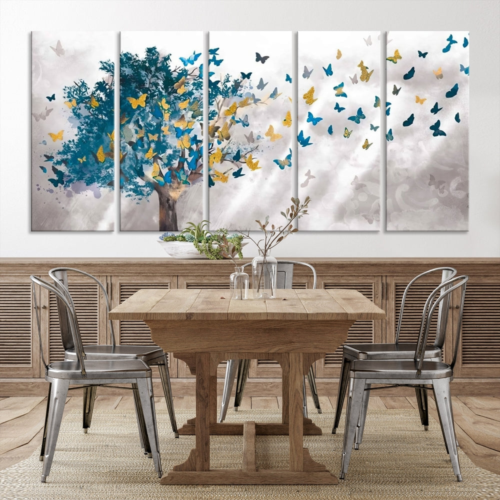 Abstract Gold Blue Butterfly Leaves Blue Tree Canvas Painting Landscape Print