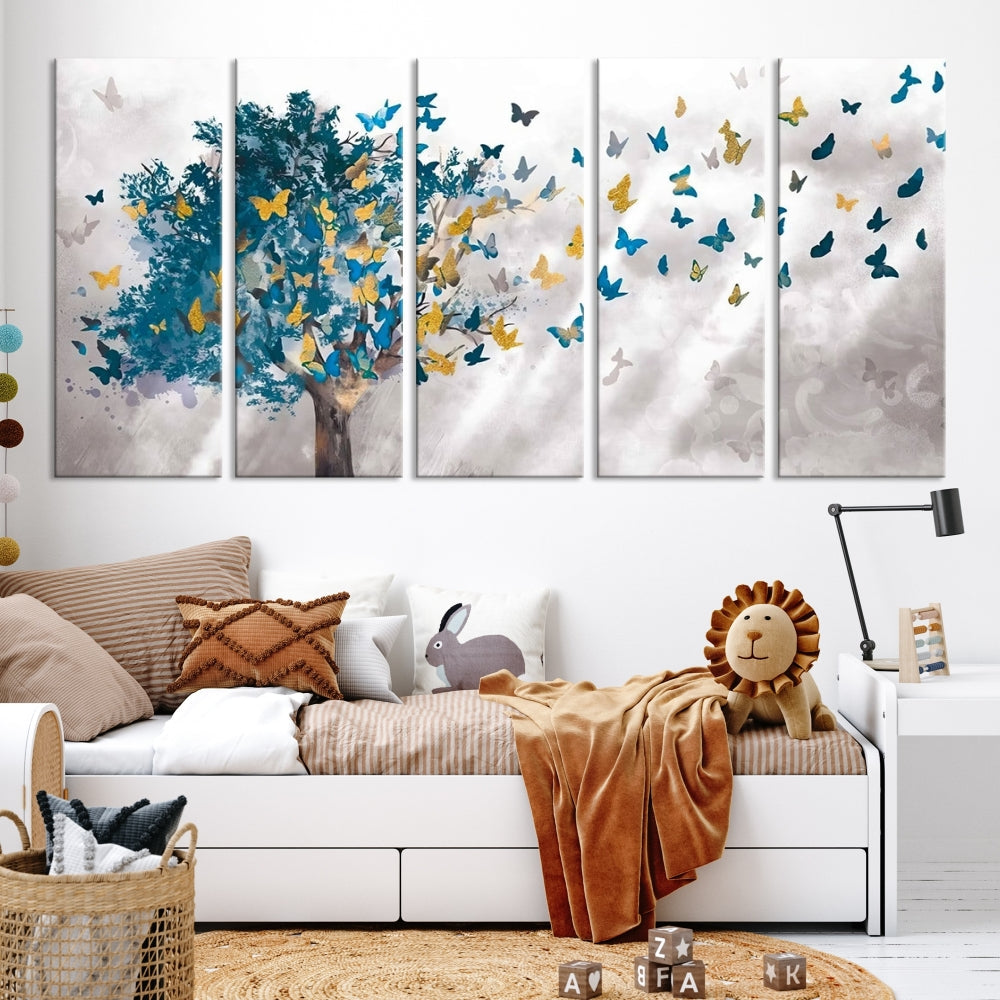 Abstract Gold Blue Butterfly Leaves Blue Tree Canvas Painting Landscape Print