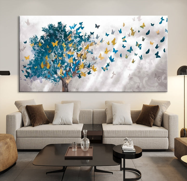 Abstract Gold Blue Butterfly Leaves Blue Tree Canvas Painting Landscape Print