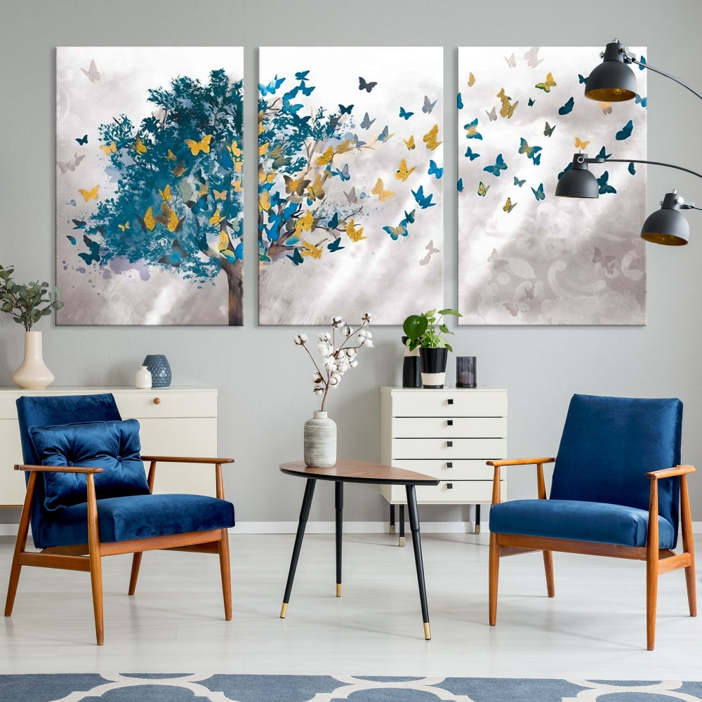 Abstract Gold Blue Butterfly Leaves Blue Tree Canvas Painting Landscape Print