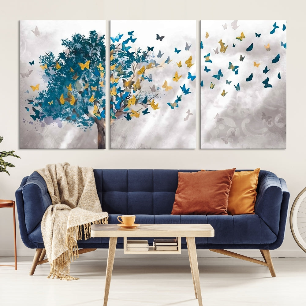 Abstract Gold Blue Butterfly Leaves Blue Tree Canvas Painting Landscape Print