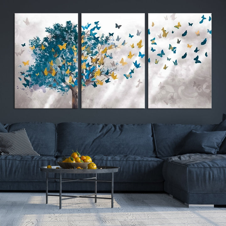 Abstract Gold Blue Butterfly Leaves Blue Tree Canvas Painting Landscape Print