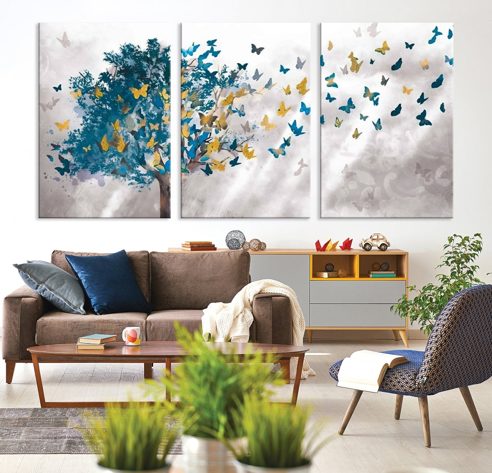 Abstract Gold Blue Butterfly Leaves Blue Tree Canvas Painting Landscape Print