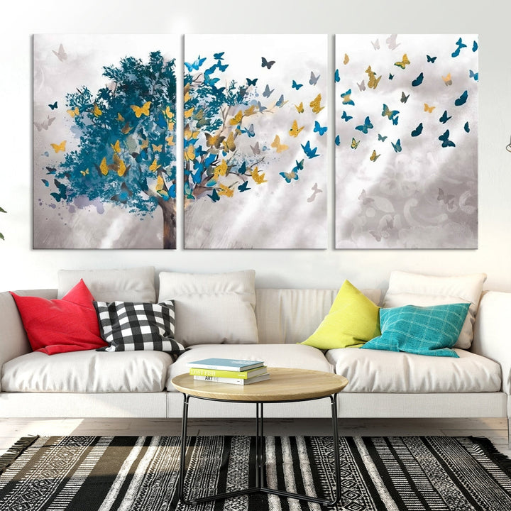 Abstract Gold Blue Butterfly Leaves Blue Tree Canvas Painting Landscape Print