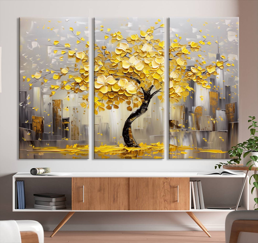 Abstract Gold Yellow Leaf Tree Wall Art Canvas Print