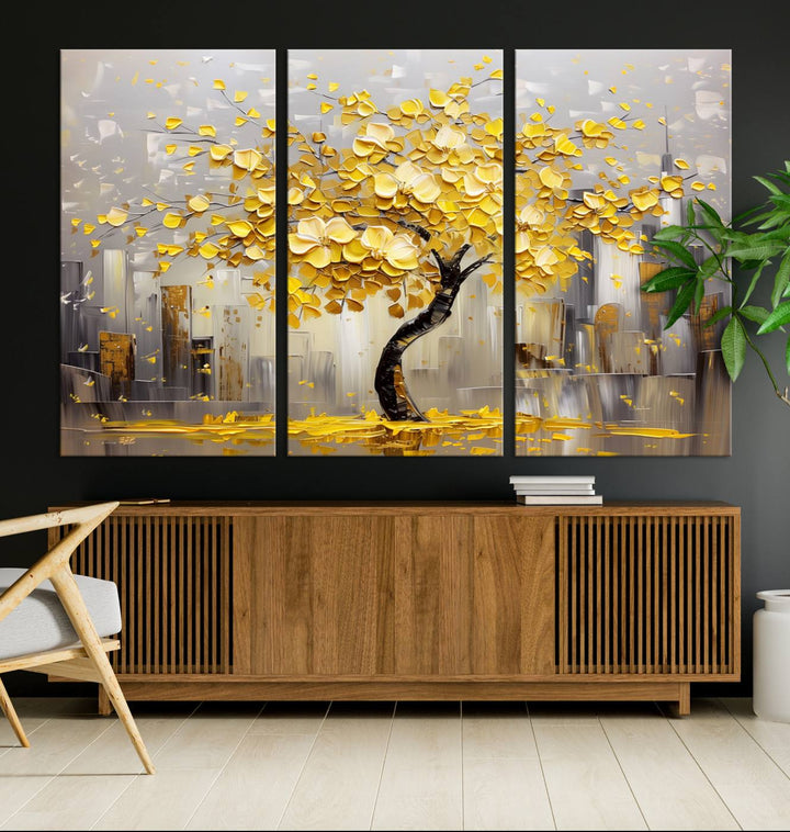 Abstract Gold Yellow Leaf Tree Wall Art Canvas Print