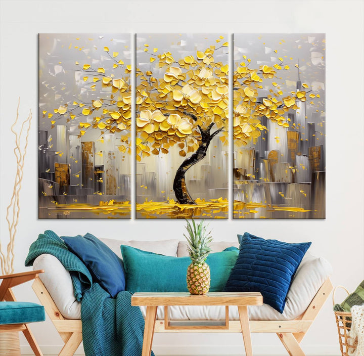 Abstract Gold Yellow Leaf Tree Wall Art Canvas Print