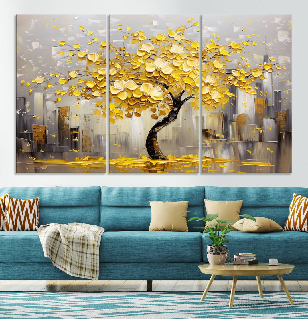 Abstract Gold Yellow Leaf Tree Wall Art Canvas Print