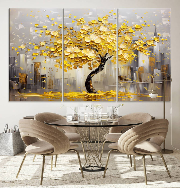 Abstract Gold Yellow Leaf Tree Wall Art Canvas Print