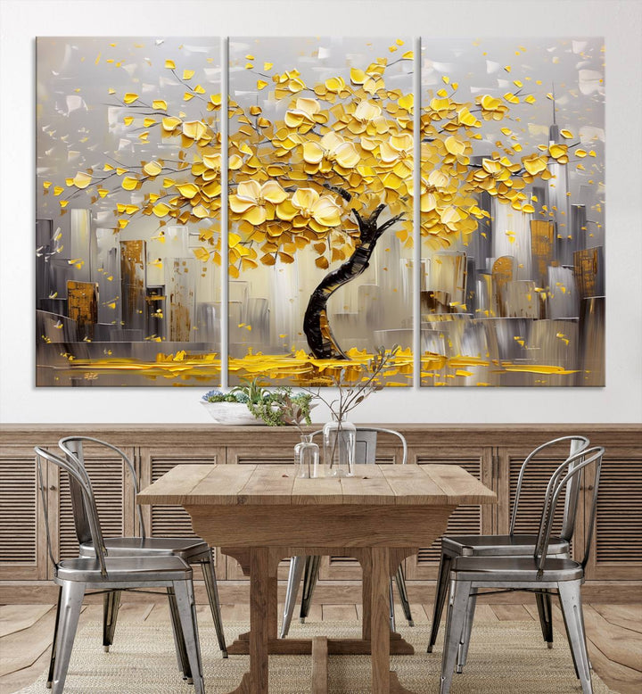 Abstract Gold Yellow Leaf Tree Wall Art Canvas Print