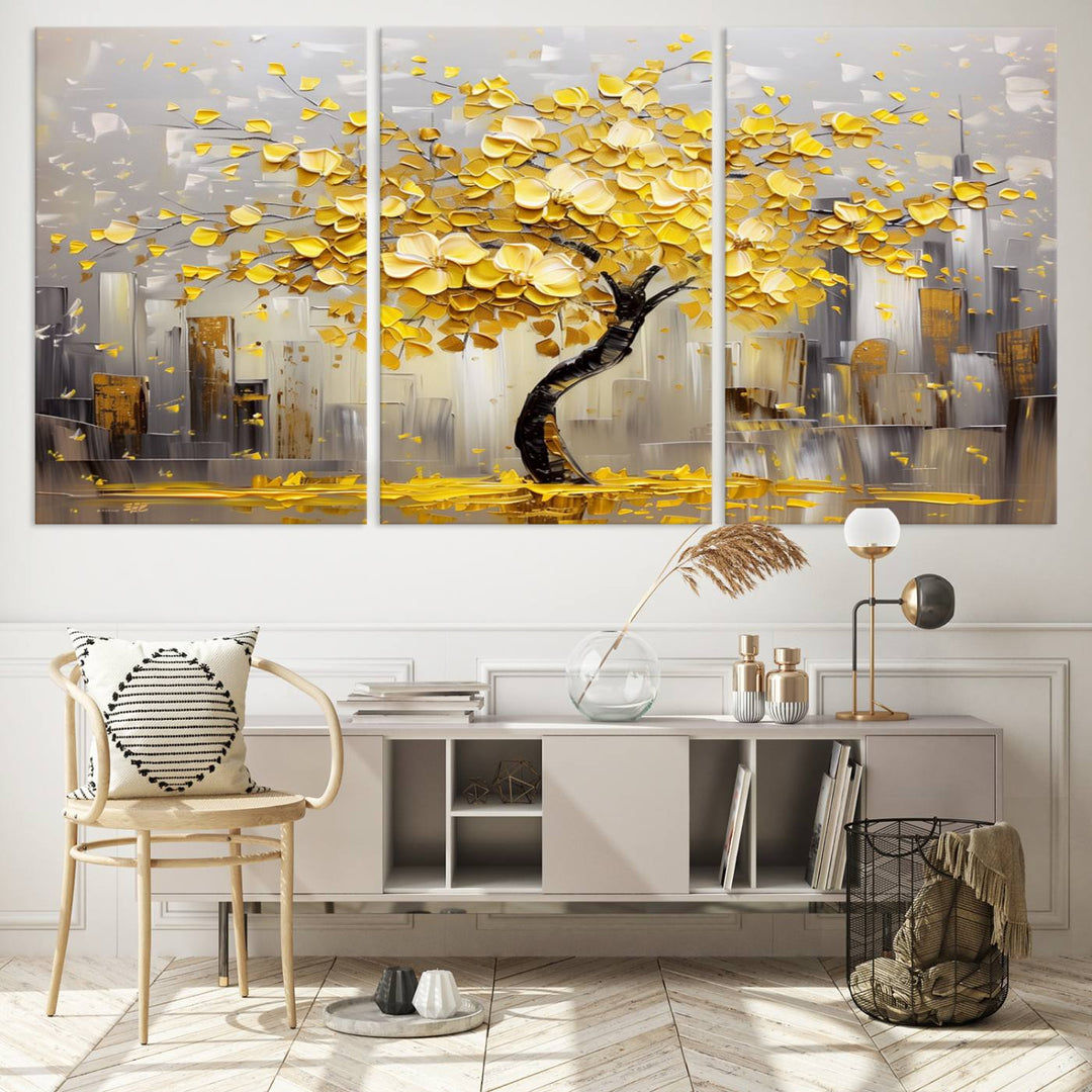 Abstract Gold Yellow Leaf Tree Wall Art Canvas Print