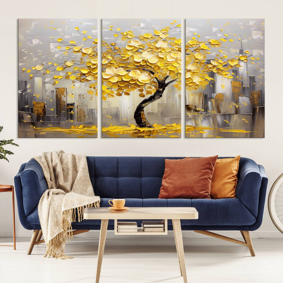 Abstract Gold Yellow Leaf Tree Wall Art Canvas Print