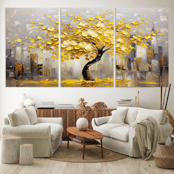 Abstract Gold Yellow Leaf Tree Wall Art Canvas Print