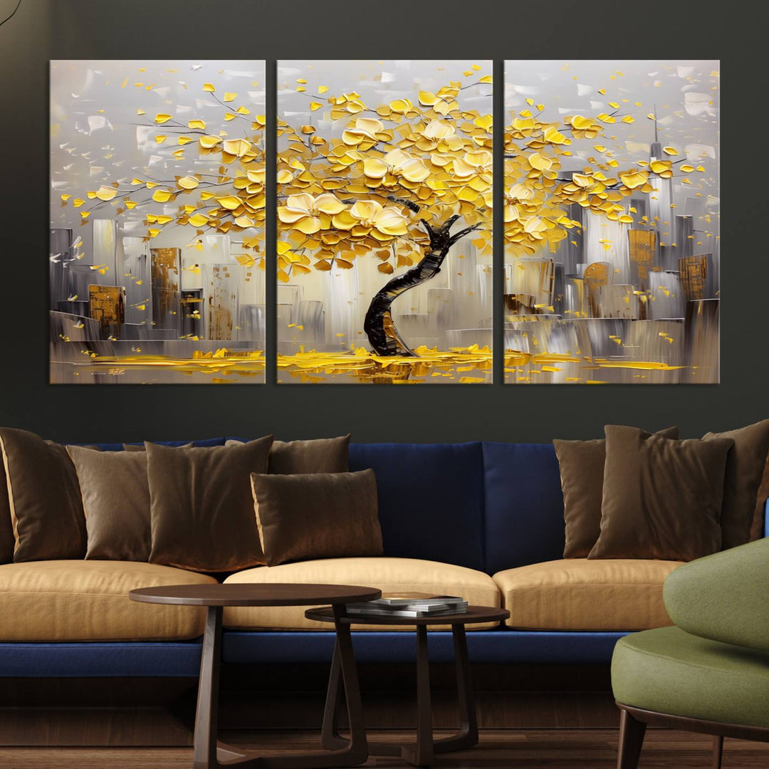 Abstract Gold Yellow Leaf Tree Wall Art Canvas Print