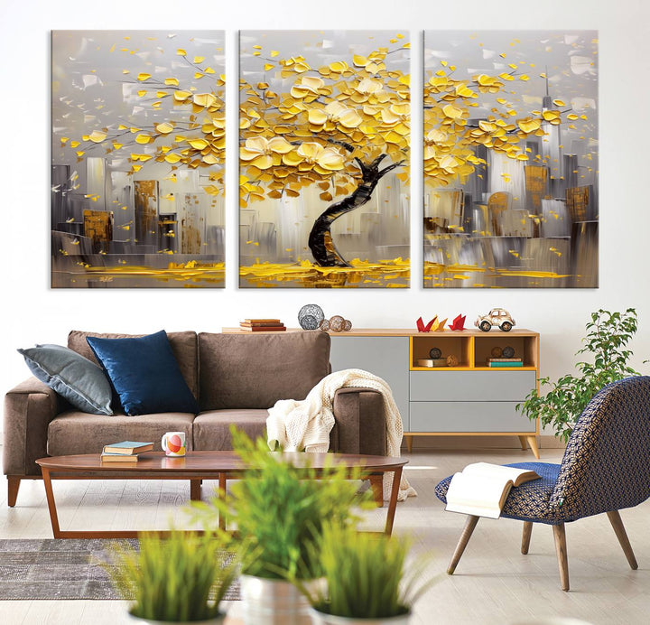 Abstract Gold Yellow Leaf Tree Wall Art Canvas Print