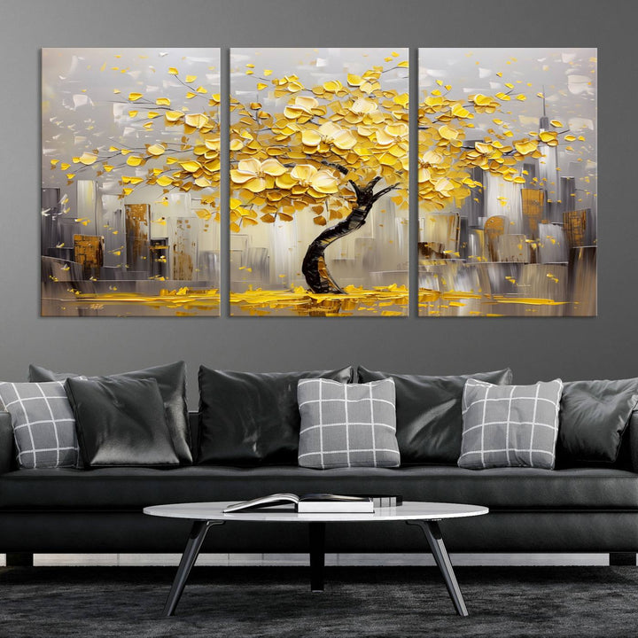 Abstract Gold Yellow Leaf Tree Wall Art Canvas Print