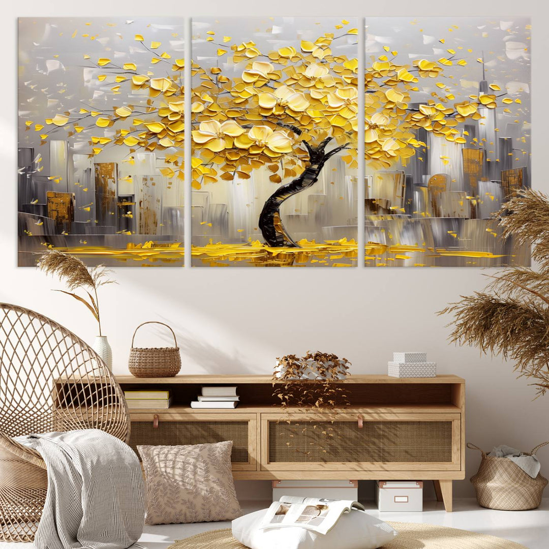 Abstract Gold Yellow Leaf Tree Wall Art Canvas Print