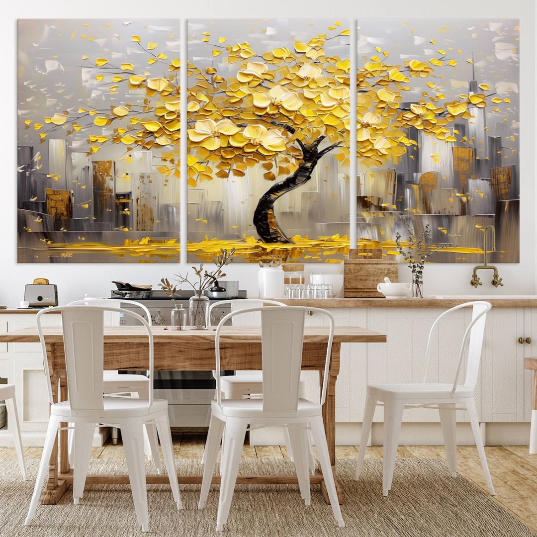 Abstract Gold Yellow Leaf Tree Wall Art Canvas Print