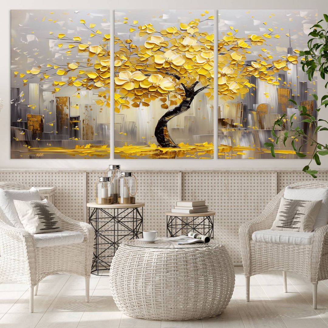 Abstract Gold Yellow Leaf Tree Wall Art Canvas Print