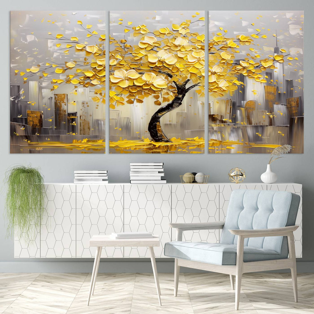 Abstract Gold Yellow Leaf Tree Wall Art Canvas Print