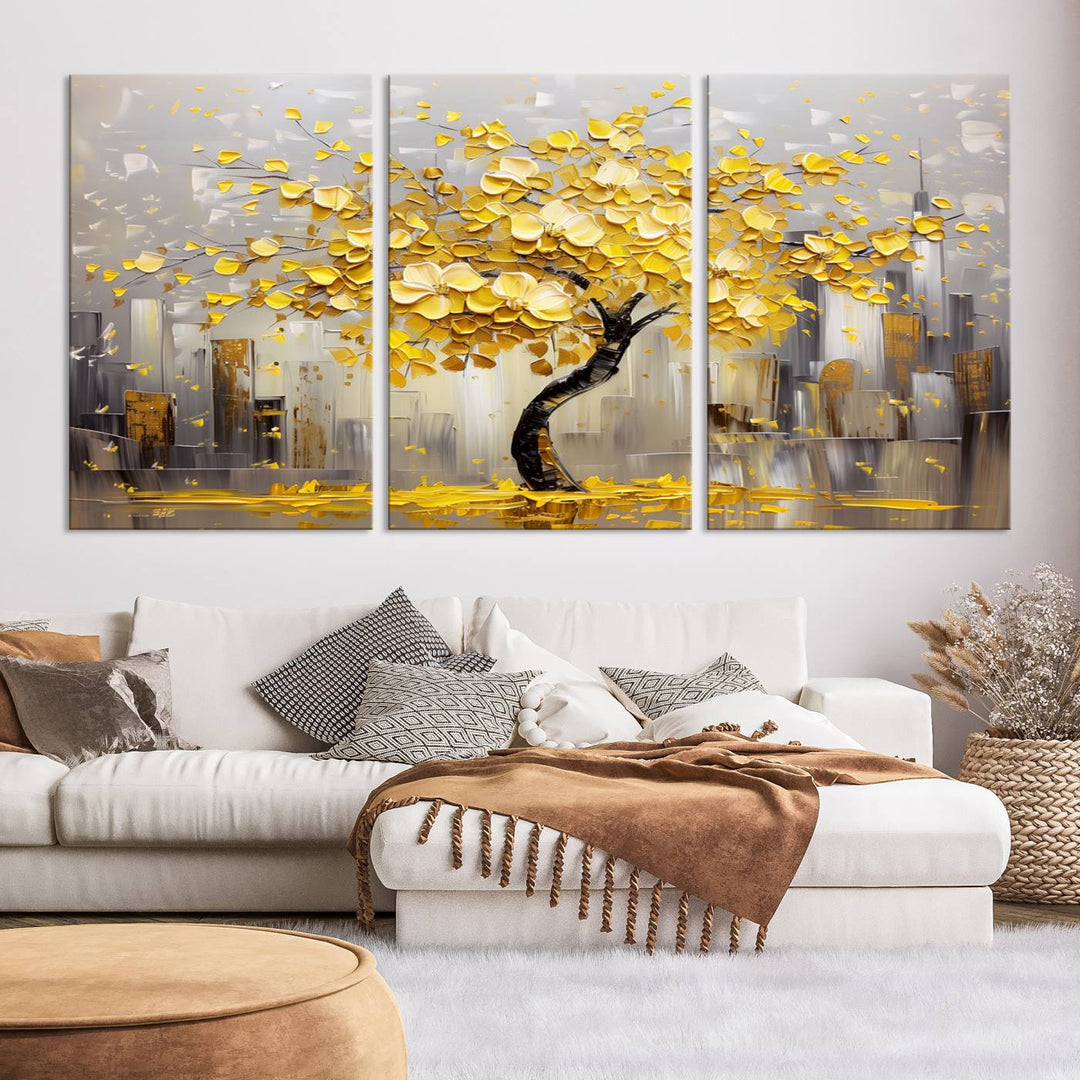 Abstract Gold Yellow Leaf Tree Wall Art Canvas Print