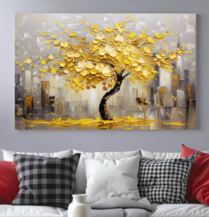 Abstract Gold Yellow Leaf Tree Wall Art Canvas Print