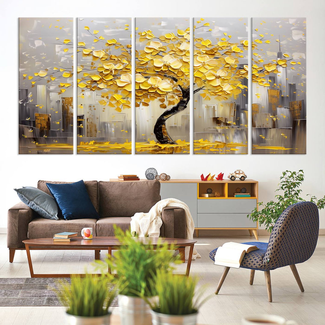 Abstract Gold Yellow Leaf Tree Wall Art Canvas Print