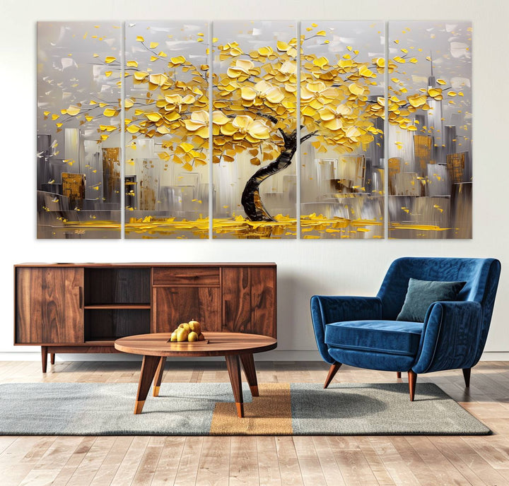 Abstract Gold Yellow Leaf Tree Wall Art Canvas Print